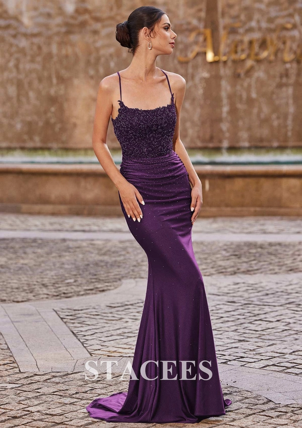 Trumpet/Mermaid Square Neckline Sleeveless Sweep Train Jersey Prom Dress with Appliqued Beading S7529P - Prom Dresses - Stacees 