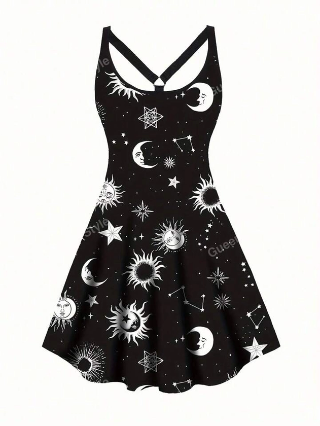 Vestido casual de verano con diseño de cuello cruzado e impresión de luna y estrella