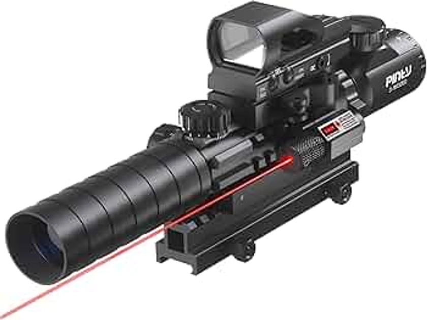Pinty 4-in-1 Rifle Scope Combo, 3-9x32 Rangefinder Scope, Red & Green Dot Sight, Laser, and 14 Slots Riser