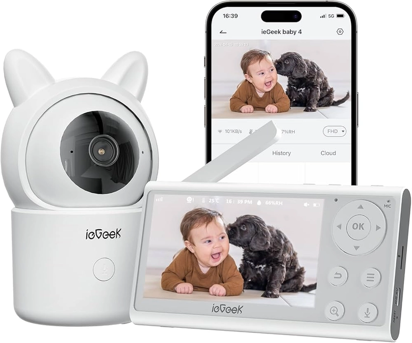 ieGeek 1080P/ 4.3" Babyphone Caméra,PTZ 355° Baby Phone Vidéo connecté Smartphone, Visiophone avec Alertes Intelligentes/Vision Nocturne/Suivi Automatique