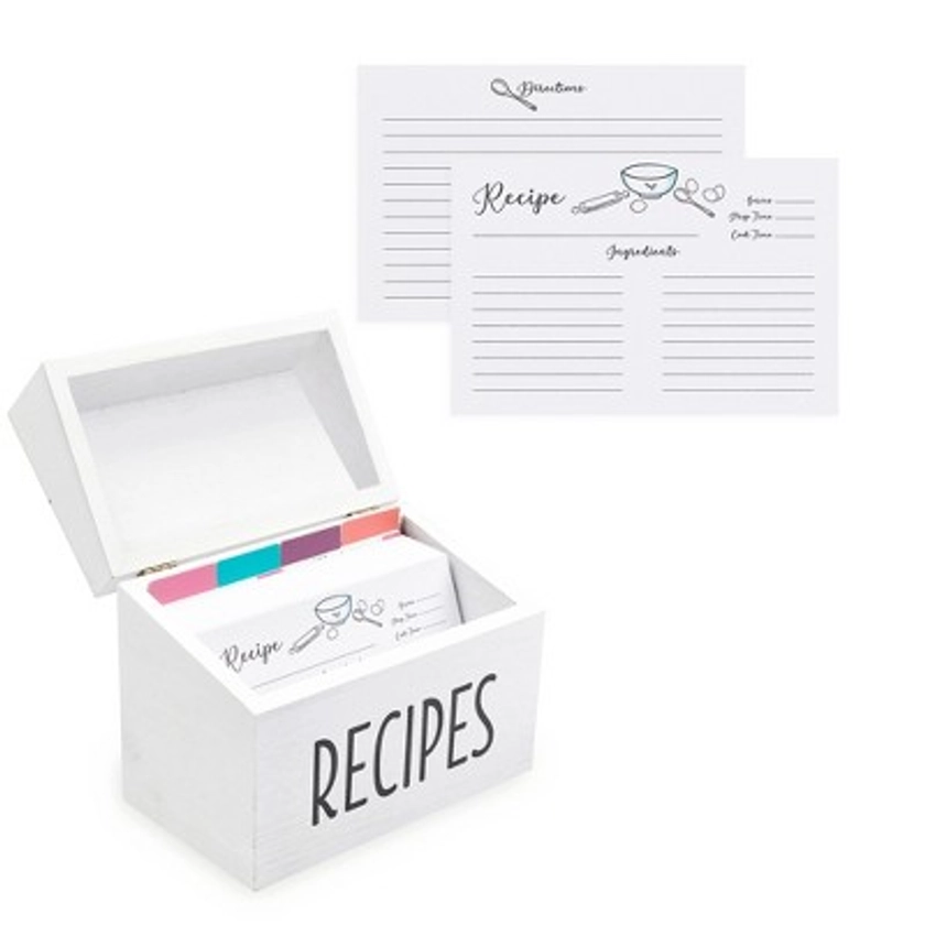 Outshine Co White Wooden Recipe Box with Cards and Dividers