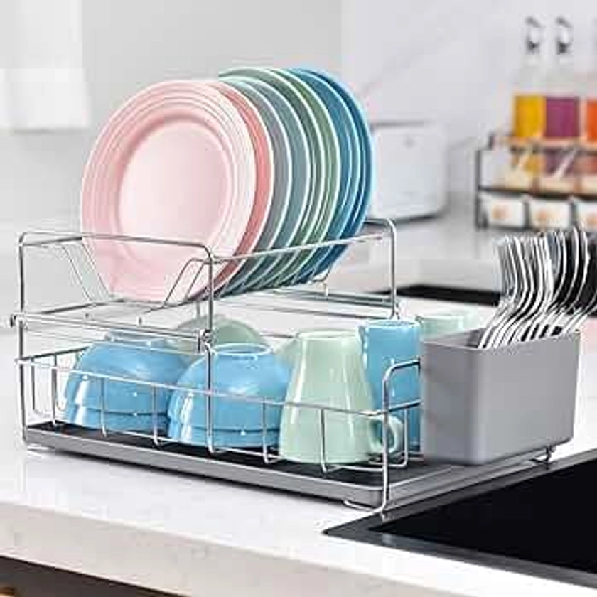 KINGRACK 2 Tier Dish Drainer Rack, Steel Dish Rack with Removable Cutlery Holder & Drip Tray, Compact Draining Rack, Dish Draining Rack, Kitchen Supplies Storage Rack, Grey