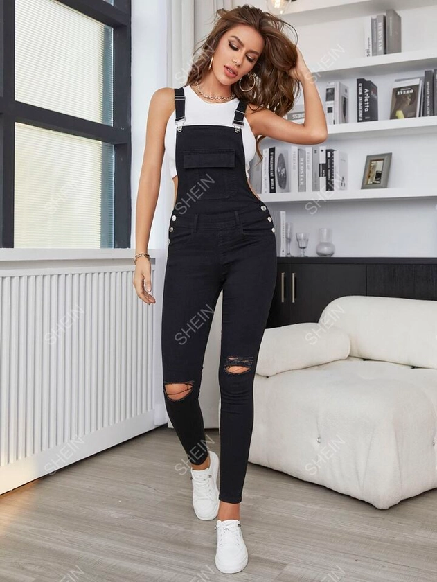 SHEIN Essnce Flap Pocket Ripped Denim Overalls Without Tank Top