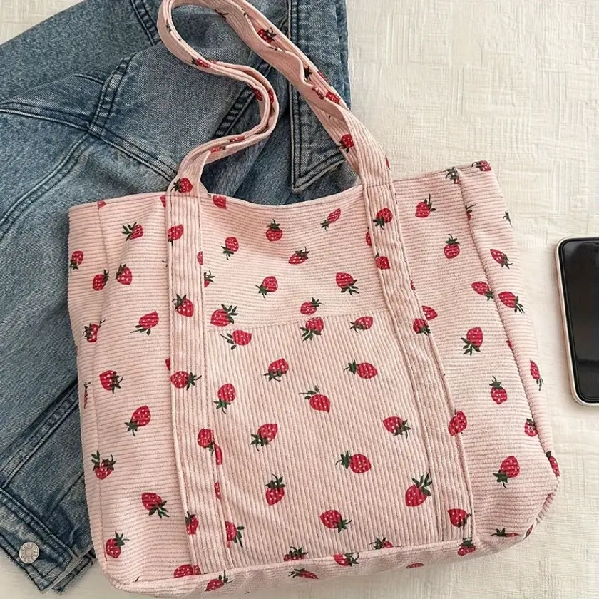 Large Capacity Strawberry Pattern Shoulder Tote Bag Women - Temu