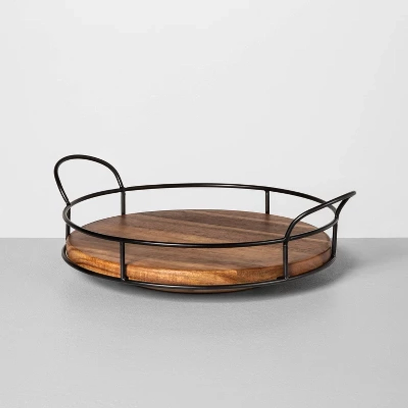 10" Wooden Lazy Susan with Metal Trim Brown/Black - Hearth & Hand™ with Magnolia: Acacia Round Serving Tray with Handles