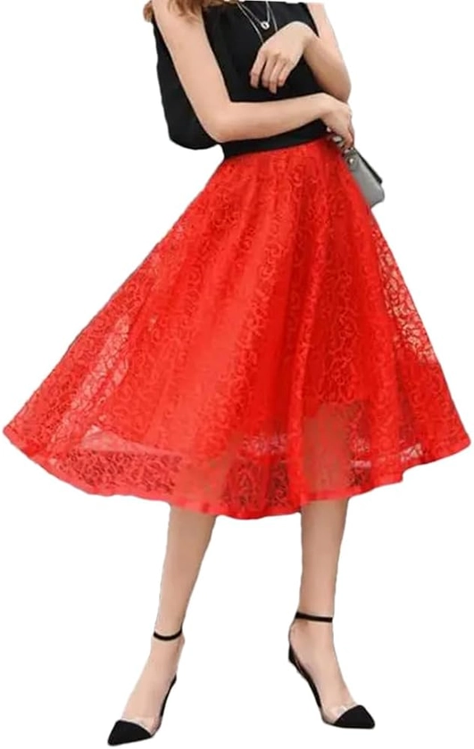 Womens Elastic High Waist Tulle Lace Skirt Long Pleated A-Line Skirt Women Vintage Summer Midi Skirts