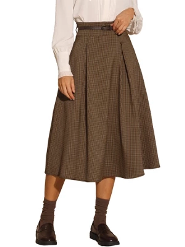 Allegra K Women's Vintage Checked High Waist Belted A-Line Plaid Skirt Brown Small