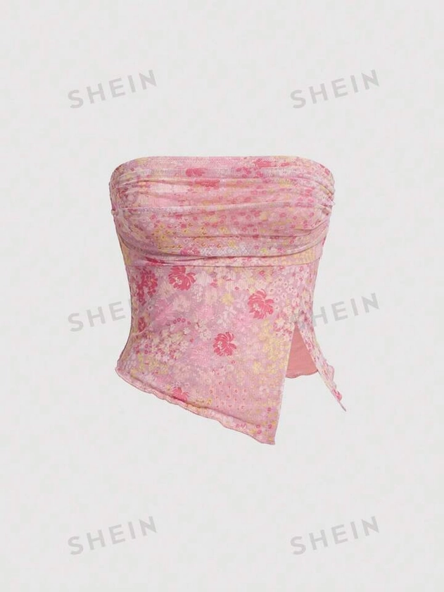 SHEIN MOD Tube Top mit Blume Muster, Rüschen, asymmetrischem Saum, Mesh
