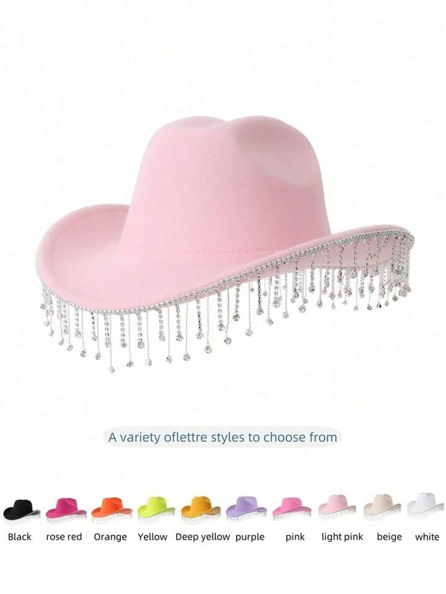 1pc Luxury Cowboy Hat For Women With Rhinestone Pendant & Tassel Decoration, Soft Brimmed Knight Hat For Stage Performance, Bridal Wedding Or Fashion Party