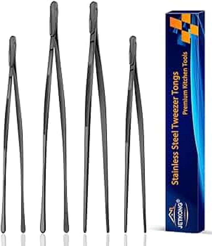 JETKONG 4 Pcs Kitchen Tweezers, 12'' and 10'' Stainless Steel Cooking Tweezers Set, High-Precision Tweezers Tongs for Cooking, Repairing, Seafood and BBQ (Black)