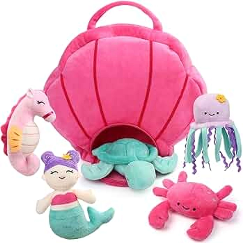 BenBen Ocean Stuffed Animal, 5 Pack Small Sea Creature Plush Toys and Shell Carrying Bag Set, Cute Plushies for Baby Kids, Sea Turtle, Octopus, Mermaid, Seahorse, Crab, Baby Shower, Stocking Stuffers