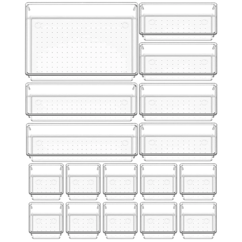 17pcs Transparent Drawer Organizer Set - 4 Sizes Plastic Vanity Drawer Organizers With Anti-slip Silicone Pads Desktop Drawer Dividers Storage Box For Makeup, Bathroom, Kitchen Organizing
