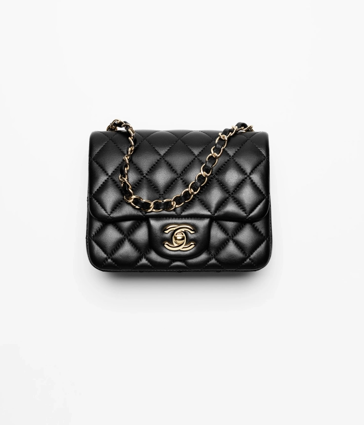 Mini sac à rabat, Agneau & métal doré, noir — Mode | CHANEL
