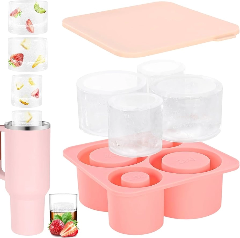 Ice Cube Tray for Stanley Cup, Silicone Ice Cube Molds for Stanley 20oz 30oz 40oz Tumbler Cup, Ice Cube Trays with Lids for Chilling Cocktails,Whiskey,Drinks,Coffee (C-Pink)