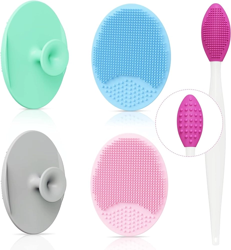 Face Scrubber Facial Cleansing Brush: Soft Silicone Exfoliating Brush with Lip Scrub Brush - Handheld Mat Cleaning Scrubber for Blackhead Pore Cradle Cap Deep Skin Care (5 Pack)