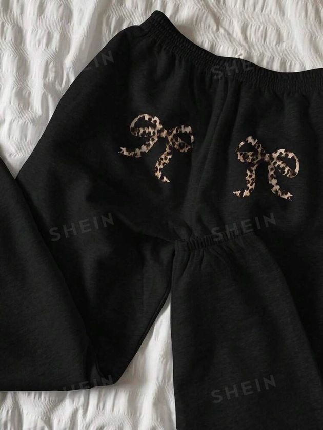 SHEIN EZwear Women's Y2K Leopard Bow Print Drawstring Sweatpants | SHEIN USA