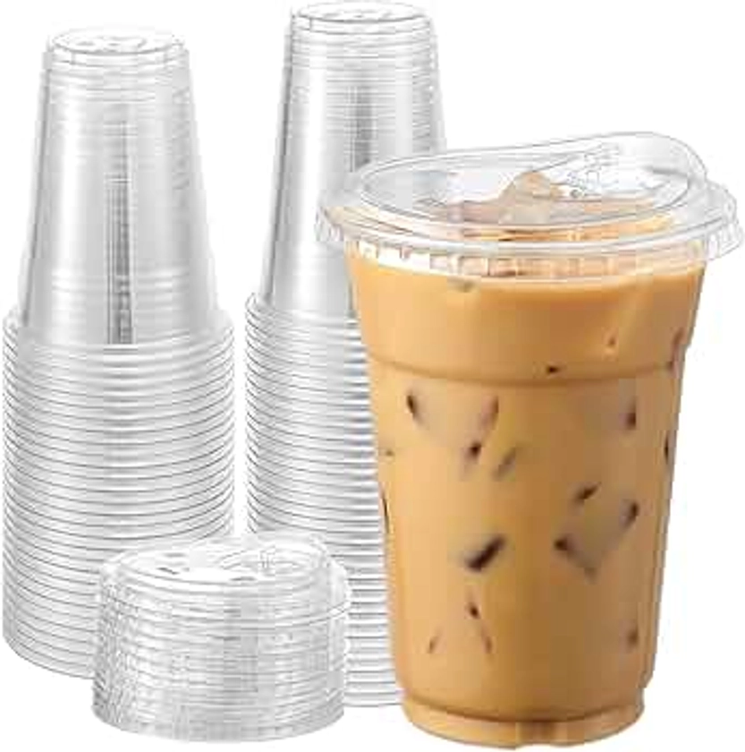 AOZITA 100 Sets, 20 oz Crystal Clear Plastic Cups With Sip Lids, Disposable Cups With Sip Through Lids for Iced Coffee, Smoothie, Milkshake, Cold Drinks