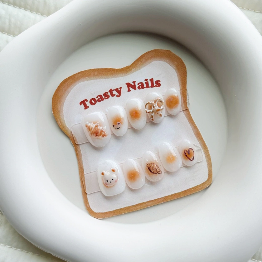 Croissant Jelly Bear Press On Nails | Handmade Teddy Bear 3D Nails | Reuseable | Japanese-Inspired | Kawaii | Short Nails