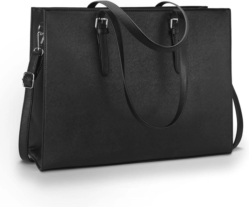 Laptop Bag for Women, 15.6'' PU Leather Computer Tote Bag, Large Capacity Shoulder Bag, Handbag Satchel Work Briefcase for Work Business Office Travel, Black