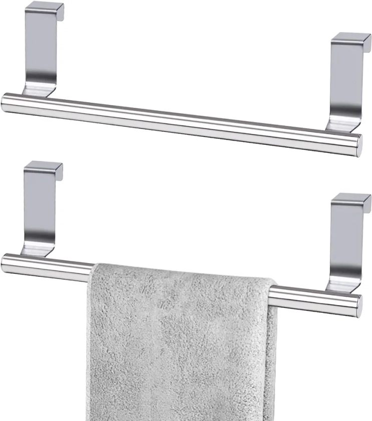 2 Pcs Stainless Steel Towel Holder, Over Door Towel Rail with Protective Strip, Towel Bar Holder, Silver Dish Towel rack for Kitchen Bathroom Cupboards Drawer, 23.5cm(Combination 1)