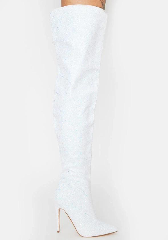 Pleaser Courtly 3015 Glitter Thigh High Boots - Silver Holo