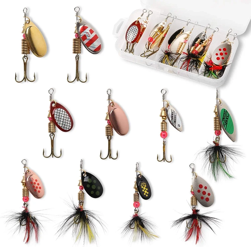 10pcs Fishing Lure Spinnerbait, Bass Trout Salmon Hard Metal Spinner Baits Kit with Tackle Boxes