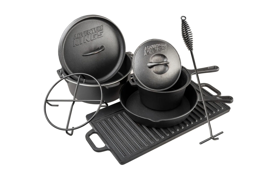 Kings Cast Iron Cooking Set | Includes Dutch Oven, Skillet, Griddle, Saucepan, Trivet & Lid Lifter - 4WD Supacentre