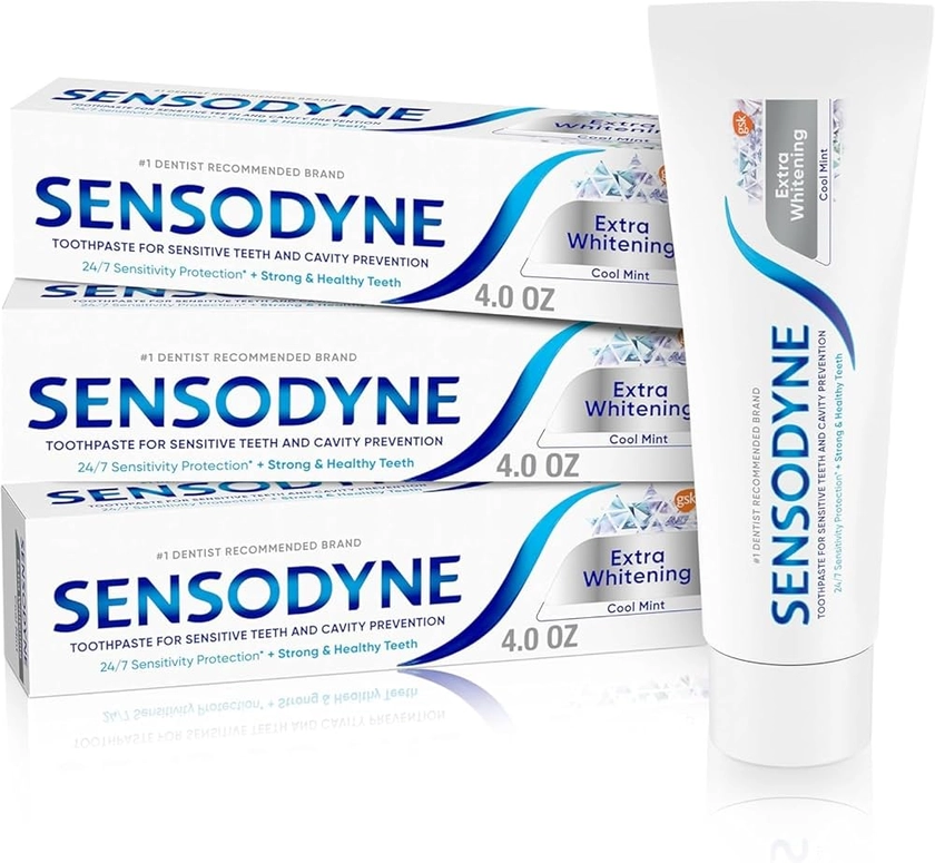 Sensodyne Extra Whitening Sensitive Teeth and Cavity Prevention Whitening Toothpaste, Amazon Exclusive, Cool Mint -4 Ounces (Pack of 3)