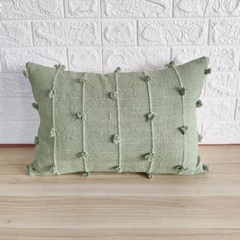 Sage Green Hand Woven Loops Hand Dyed Cotton Fabric Decorative Boho Throw Pillow Cover|| 16x16 Throw