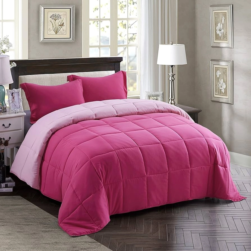 HIG 3pc Pink Queen Size Comforter Set - All Season Reversible Down Alternative Comforter with Two Shams - Quilted Duvet Insert with Corner Tabs - Box Stitched Blanket - Super Soft, Fluffy