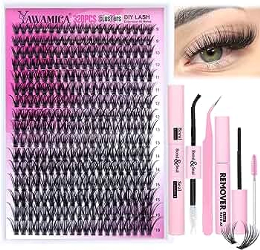 Eyelash Extension Kit 320pcs Lash Clusters D Curl 9-16mm Mix 40D Individual Lashes with Lash Bond and Seal and Remover Lash Applicator for Lash Extension Beginners