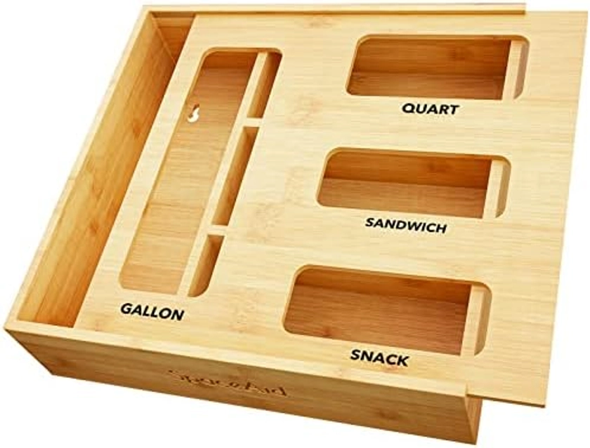 SpaceAid Bag Storage Organizer for Kitchen Drawer, Bamboo Organizer, Compatible with Gallon, Quart, Sandwich and Snack Variety Size Bag (1 Box 4 Slots)