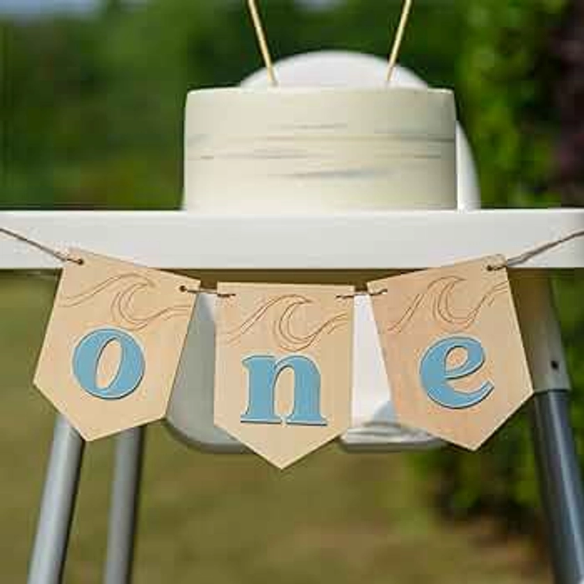 Lintran Surf Theme Wood One Banner - Wooden Letters Banner for 1st Birthday, High Chair Decoration