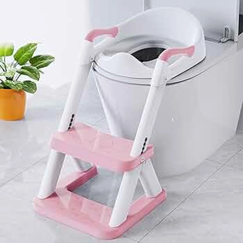 Potty seat for Toilet with Step Stool Ladder, SKYROKU New Triangular Stabilized Base two in one Toddler Toilet Seat with Splash Guard, Anti-Slip Pad, Step Stool Pink