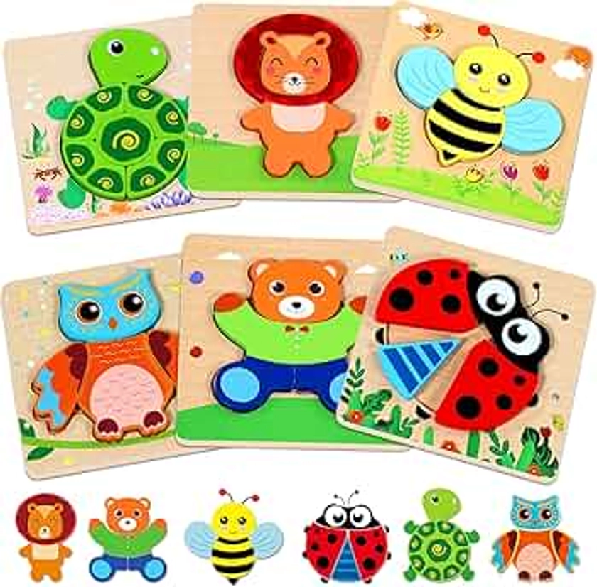 lenbest Puzzle Bois Enfant - 6PCS Jouet Montessori Puzzles - Jouet Enfant Puzzle 1 Jeu 2 3 an Ans - Jeux Educatif Animaux Puzzle à Encastrement - Cadeau Enfant Bebe Fille Garçon 1 Jeu 2 3 an Ans