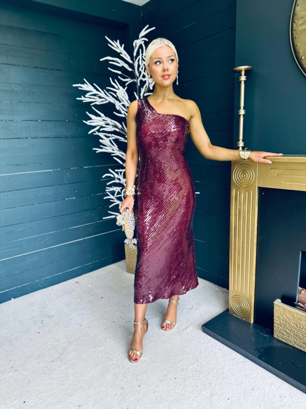 Ramona Sequin One Shoulder Maxi Dress Wine