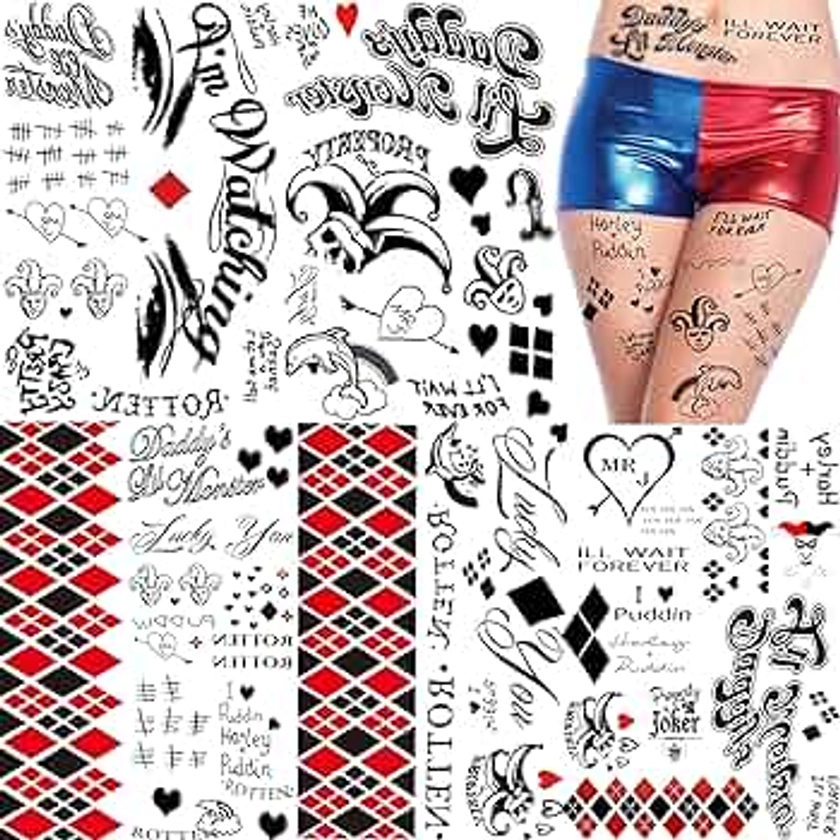 5 Sheets Harley Quinn Tattoo Stickers For Women Men Adults, Fake Joker Harley Quinn Tattoos Suicide Squad Birds of Prey Temporary Tattoos Halloween Face Makeup, Harley Quinn Costume Accessories