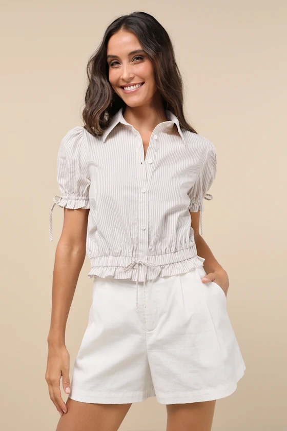 Poised Approach Ivory and Brown Striped Puff Sleeve Collared Top