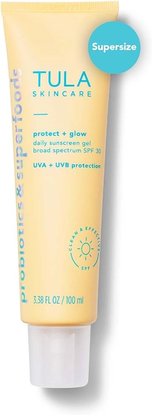 TULA Skin Care Protect + Glow Daily Sunscreen Gel Broad Spectrum SPF 30 - Skincare-First, Non-Greasy, Non-Comedogenic & Reef-Safe with Pollution & Blue Light Protection, Supersize, 3.38 oz
