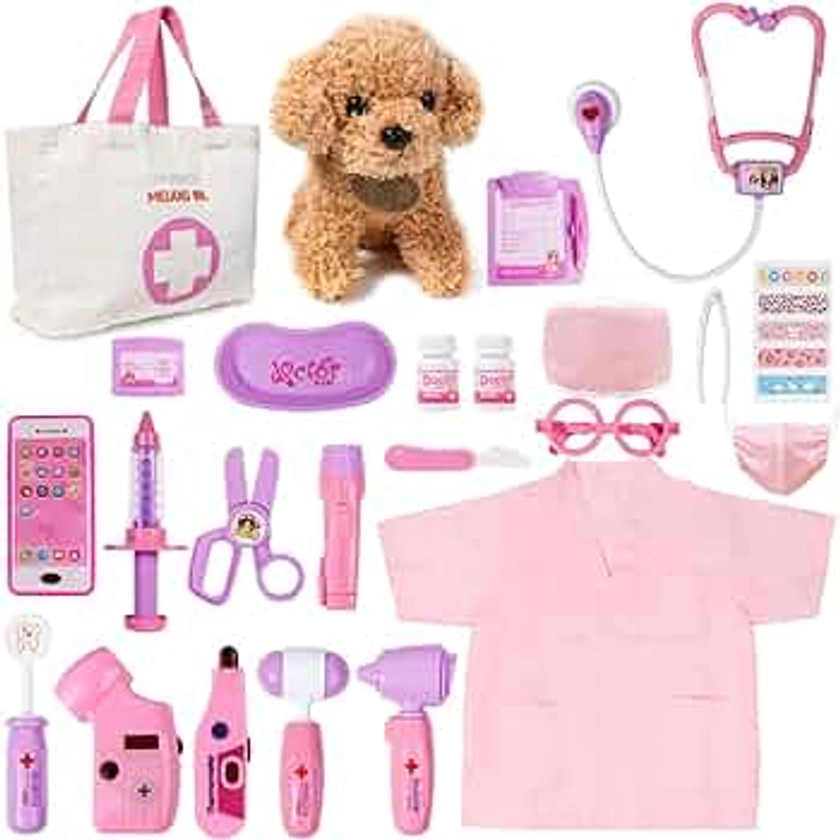 Meland Toy Doctor Kit for Girls - Pretend Play Doctor Set with Dog Toy, Carrying Bag, Stethoscope Toy & Dress Up Costume - Doctor Play Gift for Kids Toddlers Ages 3 4 5 6 Year Old for Role Play