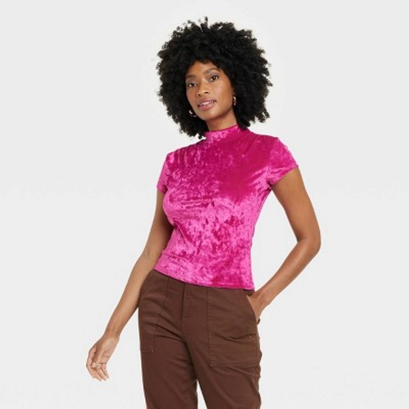 Women&#39;s Short Sleeve Slim Fit Mock Turtleneck Velvet T-Shirt - A New Day&#8482; Pink XL