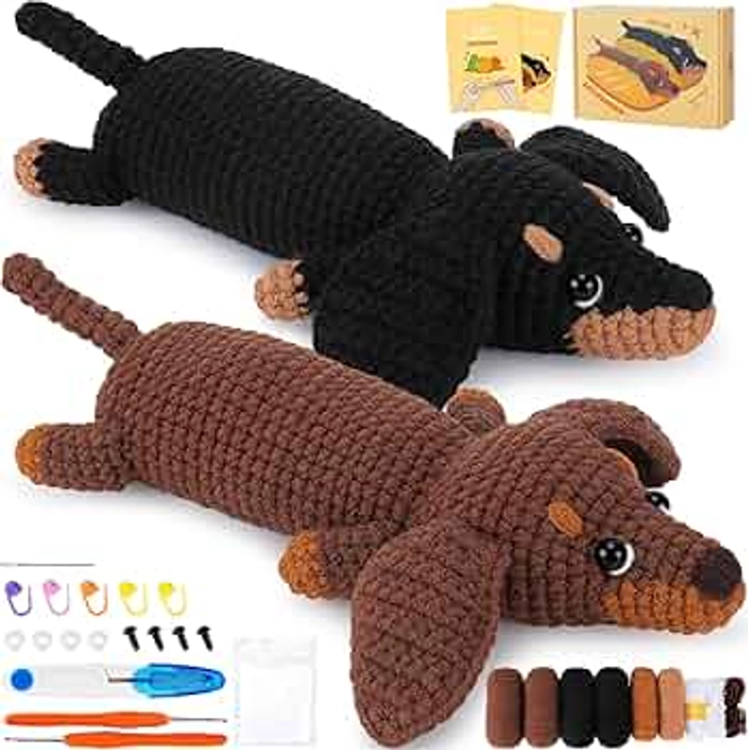 Crochet Kit for Beginners - 2 PCS Dachshund Crochet Kit with Step-by-Step Video Tutorials, Beginner Crochet Kit for Adults, Crochet Animal Kit for Kids, Dog Crocheting Set (Brown & Black)