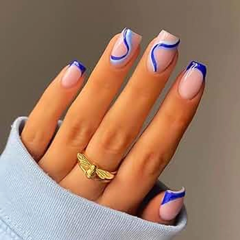 RikView Medium Length Press on Nails with Swirls Design Blue Nails Square Fake Nails for Women and Girls