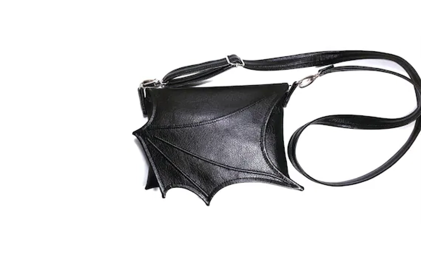 Black bat wing bag, small crossbody bag, black purse, vegan bag, goth bag, fantasy bat, vegan, Faux leather bag, everyday purse, dark purse