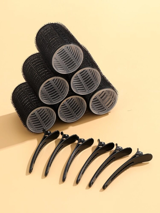 6pcs 4mm Self-adhesive Black Hair Curlers With 6pcs Hair Clips