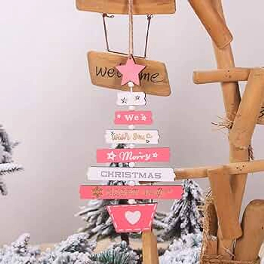 Geminimall Christmas Decorations Sale, Christmas Ornaments Gift Wood Tree Pendant Hang Decorations Merry Christmas Decorative Xmas Decor Ornaments Party Decor Gifts Pink