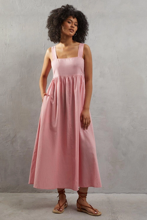 Dresses | Linen-look Ruched Bodice Utility Strap Midi Sundress | Warehouse