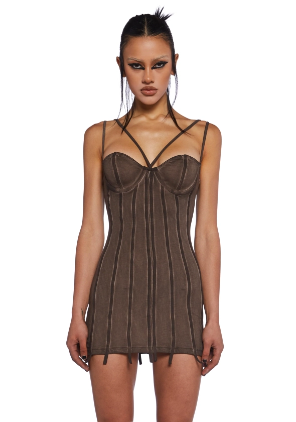 Darker Wavs Piping Mini Dress With Underwire Bust And Washed Jersey Construction - Brown