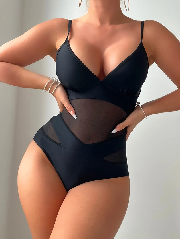 Mesh Contrast V Neck Cut Out High Cut One-piece Swimsuit, Backless Spaghetti Strap Palin Black Bathing Suits, Women&#39;s Swimwear &amp; Clothing