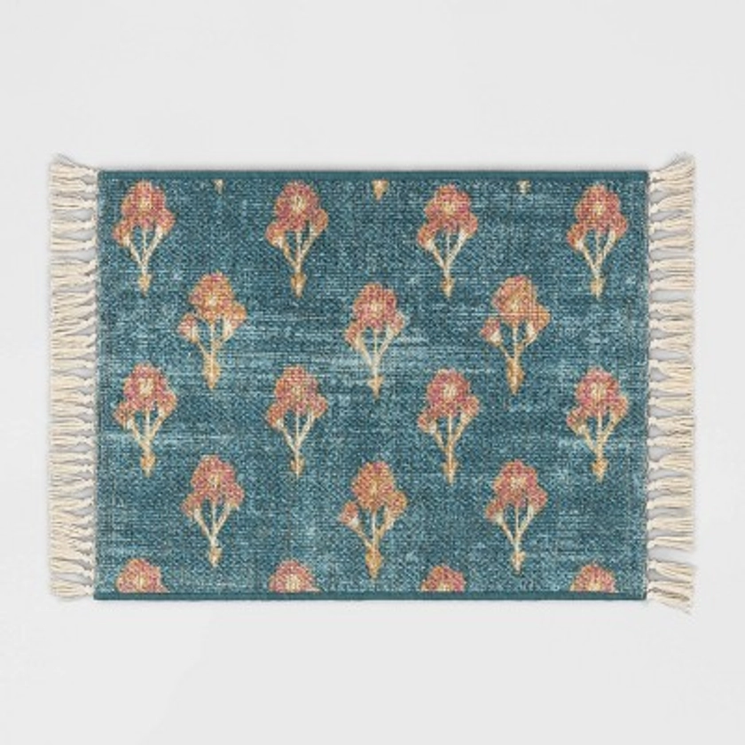 2'x3' Washable Floral Block Printed Accent Rug Blue - Threshold™